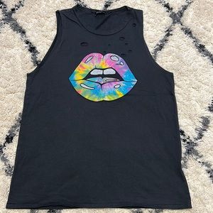 Zutter Black Distressed Tie-Dyed Lips Tank size large